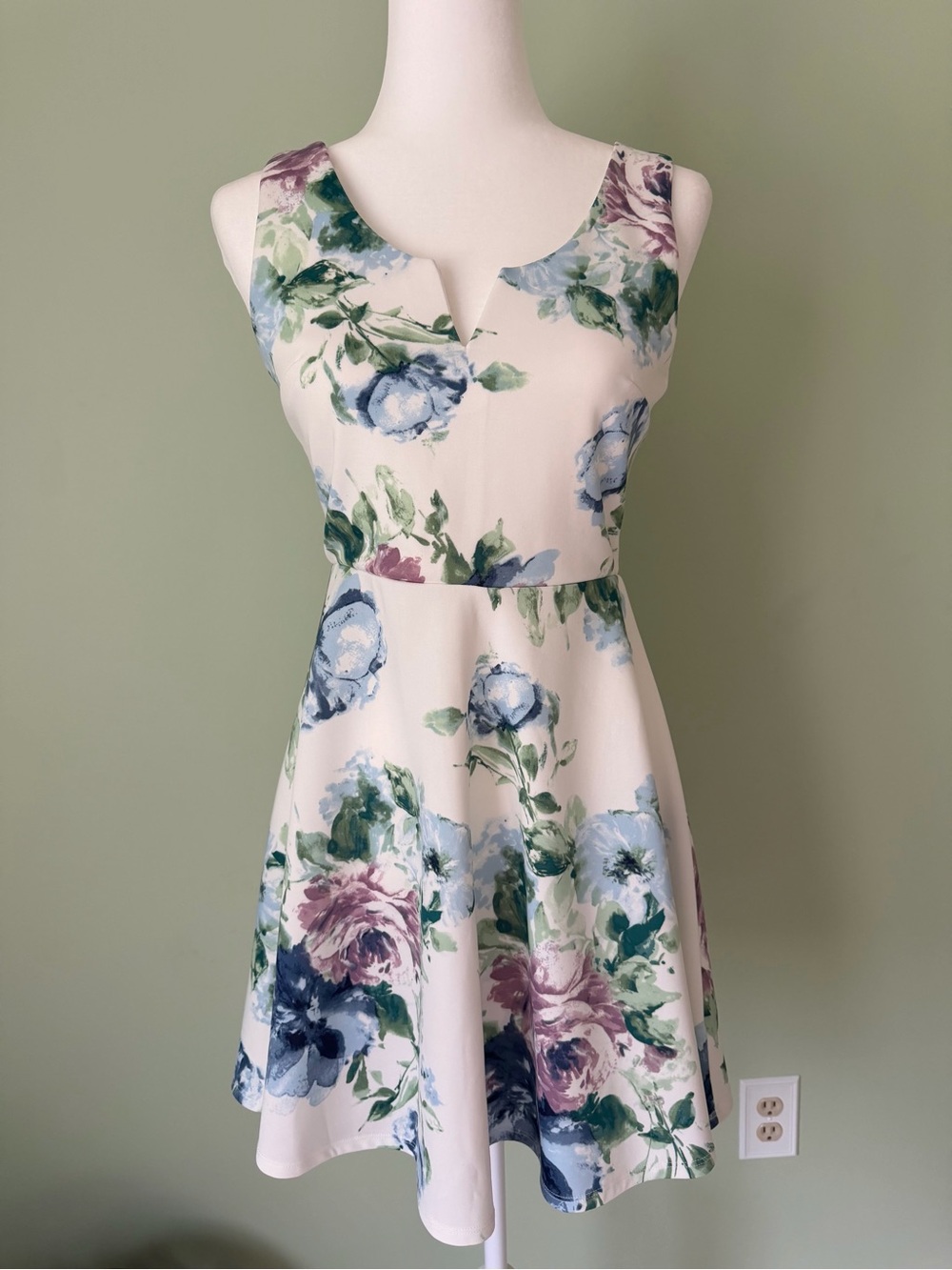 Francesca's Dress White Ivory Floral Fit-and-Flare Sleeveless Mini Cute Small